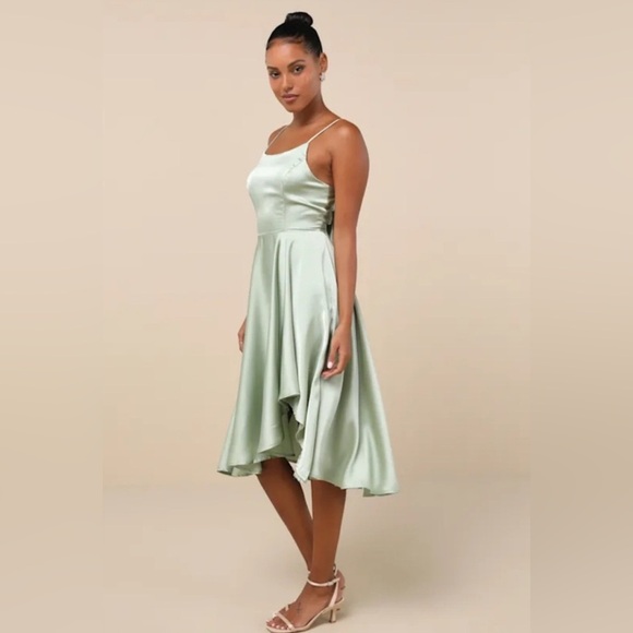 Lulus Days Like Today Sage Green Satin Asymmetrical Tie-Back Midi Dress, Large - Picture 3 of 9
